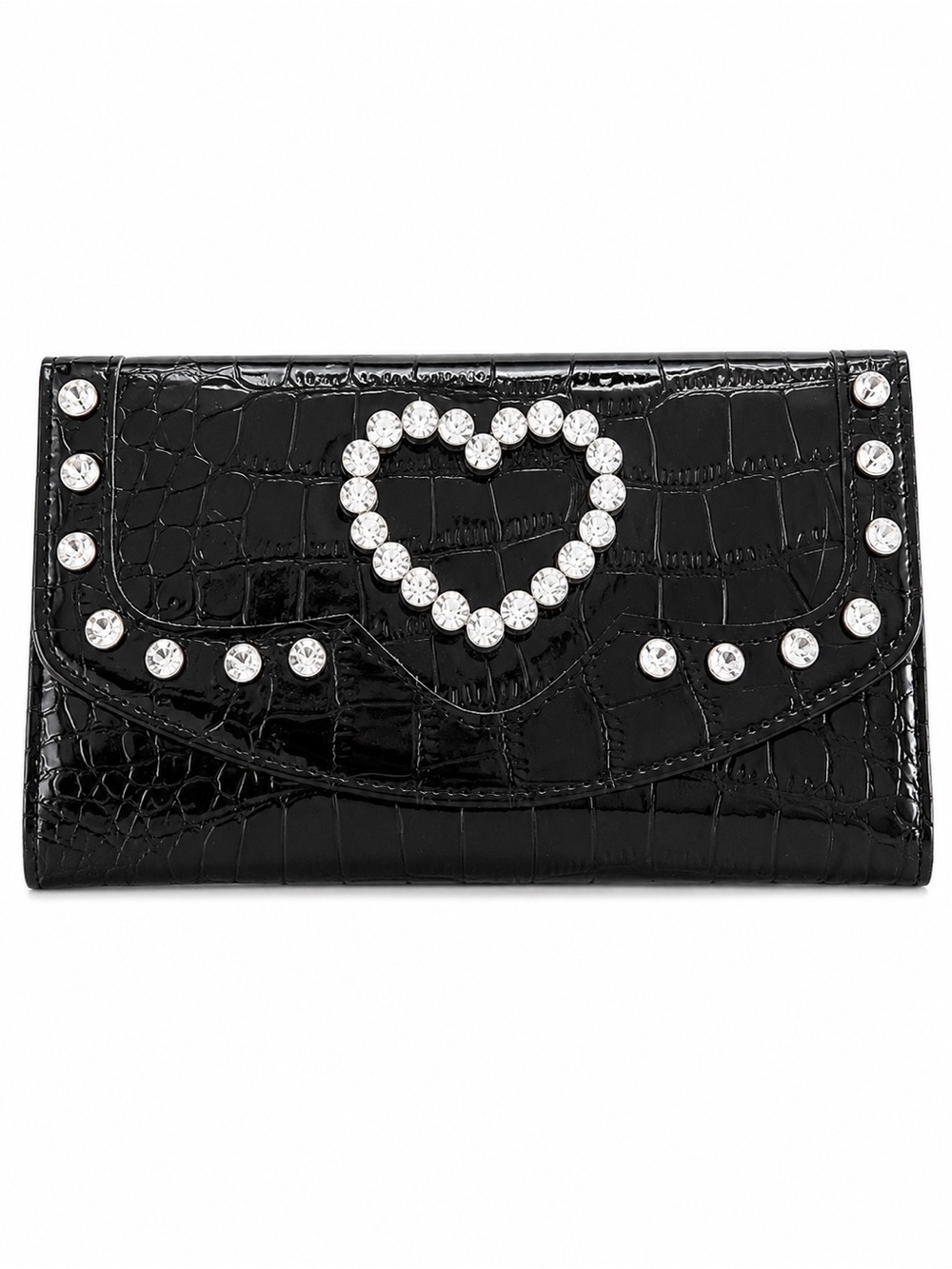Black Faux Croc-Embossed Wallet Clutch with Crystal Heart Accent